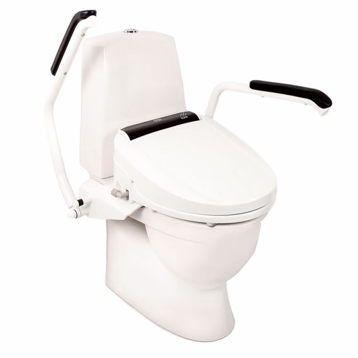 WC Produktbild mit höhenverstellbaren WC Griffen, Sitzerhöhung und Bidet kombiniert